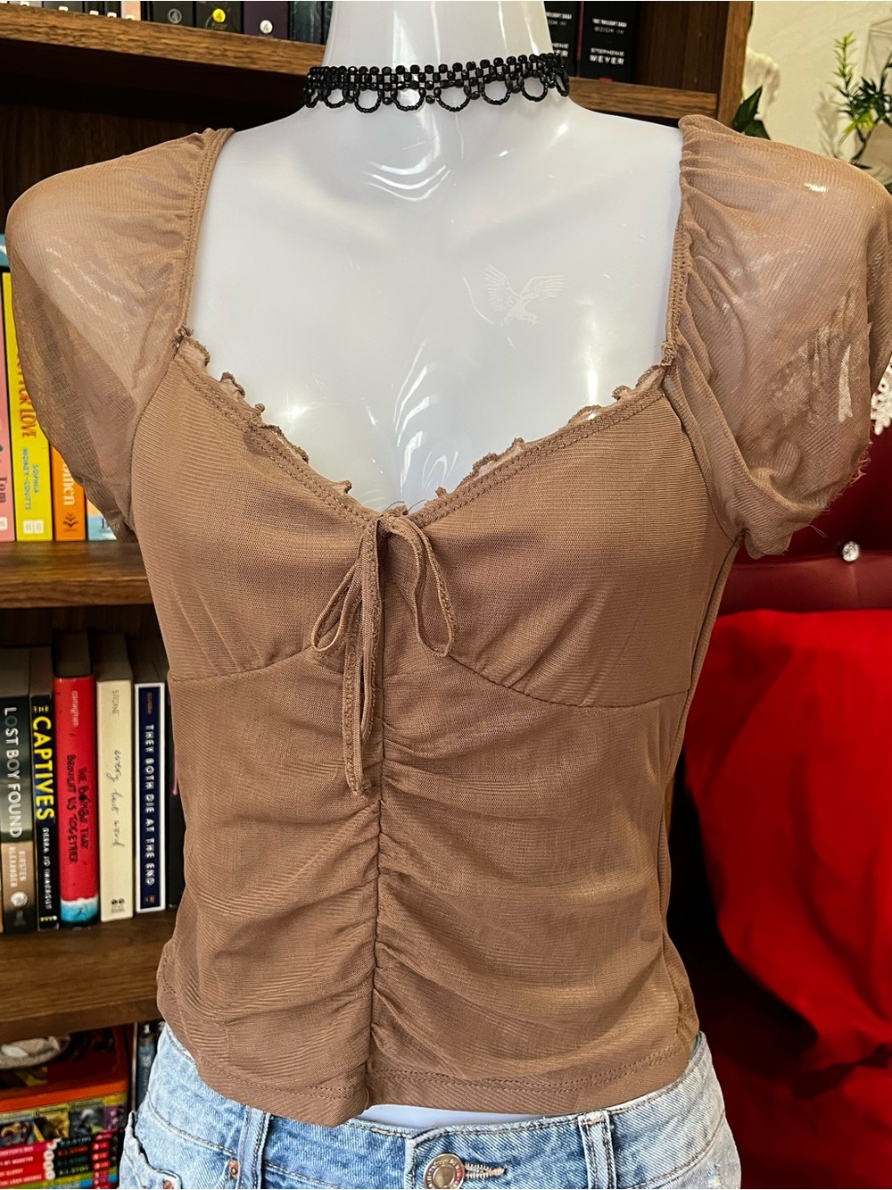 Whimsigoth Taupe Tie-Front Puff Sleeve Crop Top